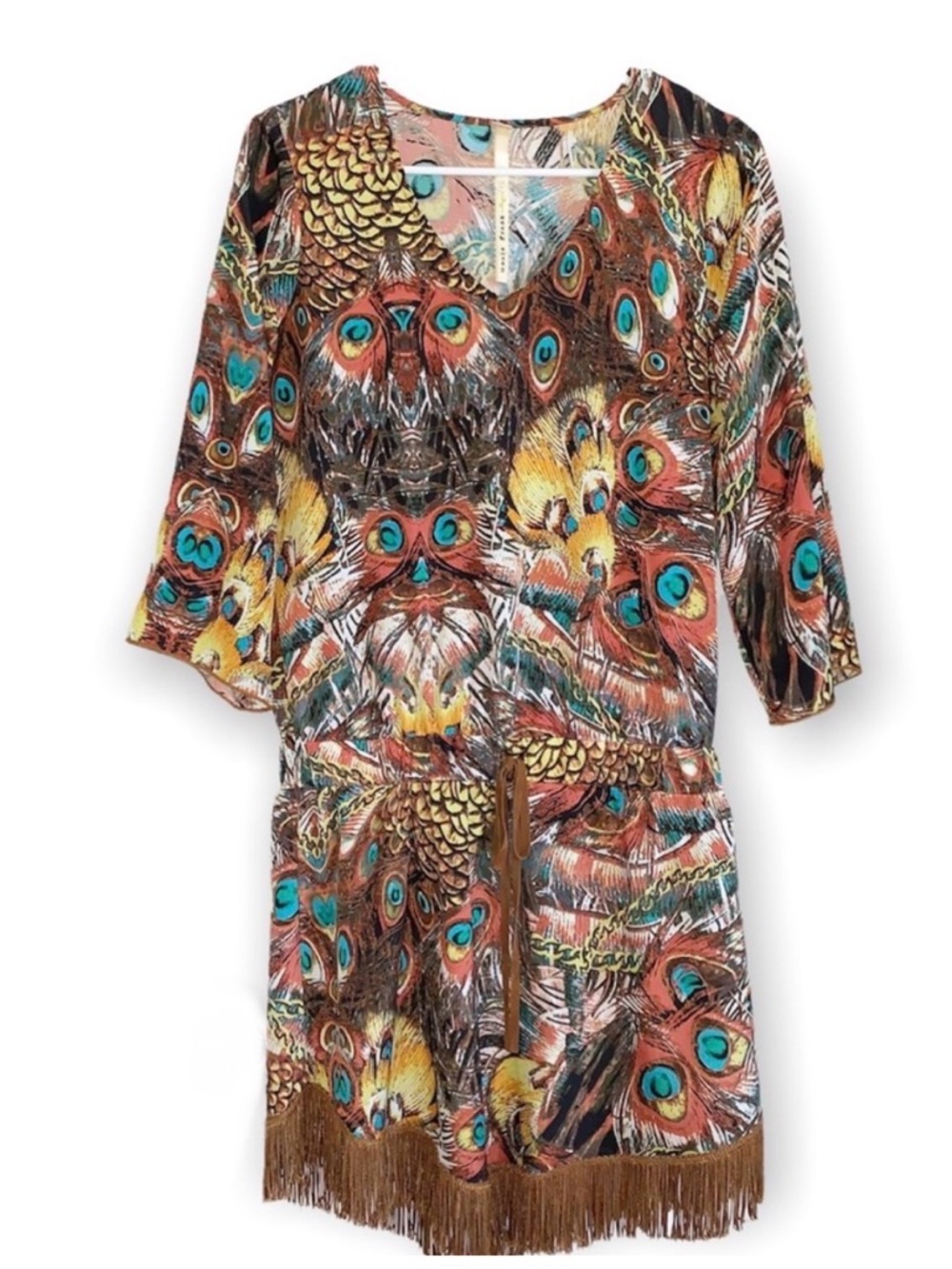 Uncle Frank Peacock Feather Print Fringe Tunic Dress Sz XS Boho Festival Western